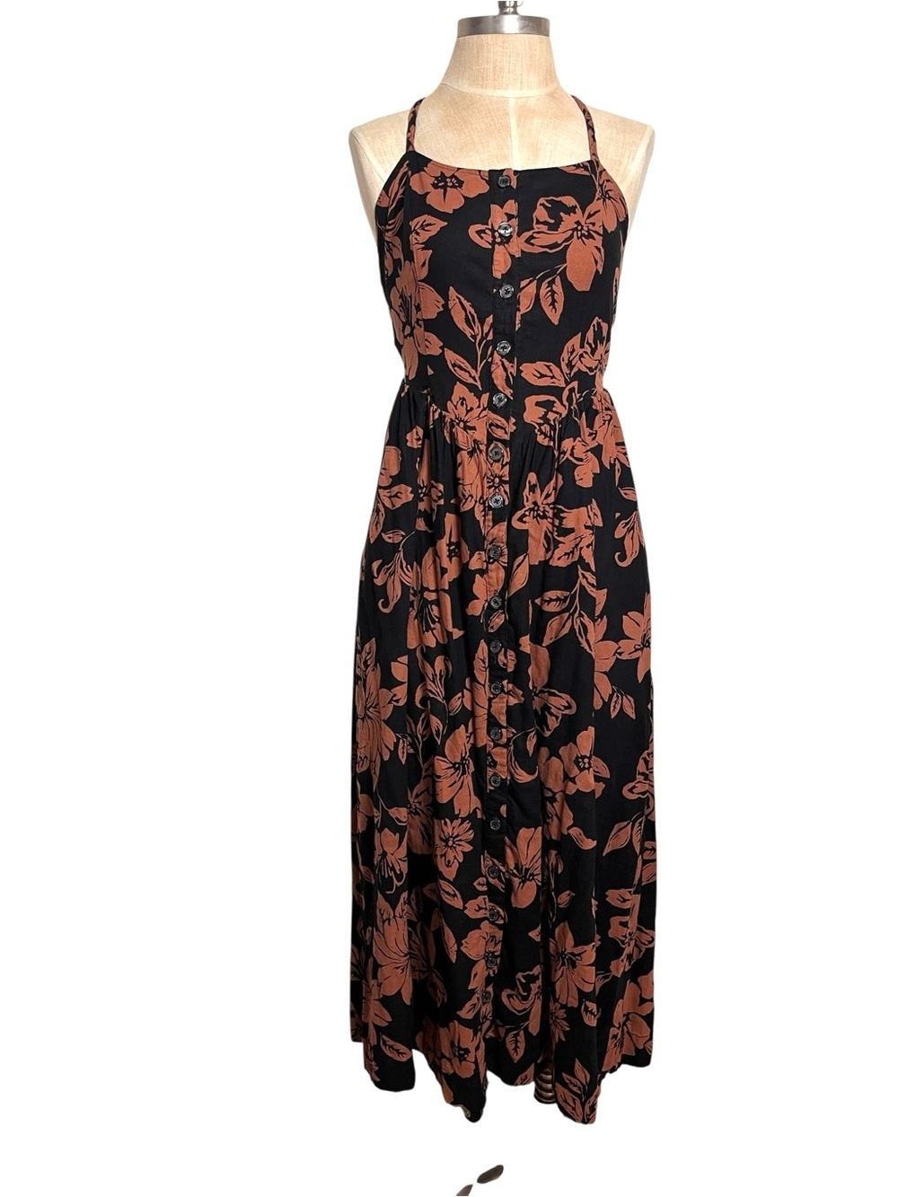 Free People The Perfect Sundress Black Linen Blend Button Front Halter — Size S - Picture 3 of 12